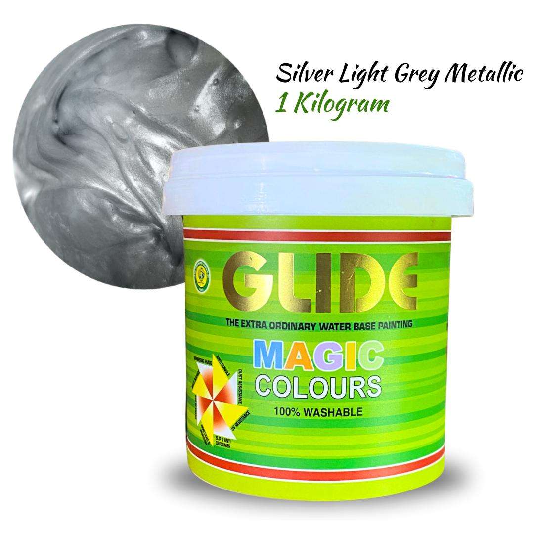 Silver Light Grey Metallic 1kg Glide Magic Colours water-based paint, 100% washable, extra ordinary finish