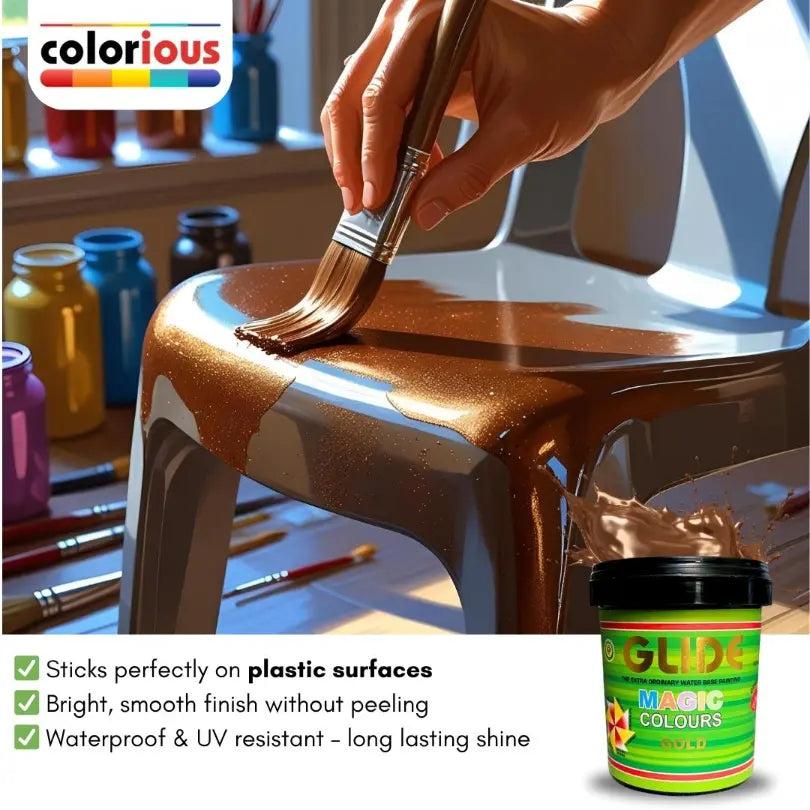 Hand painting plastic chair with glittery gold paint, showcasing smooth, waterproof finish for DIY crafts