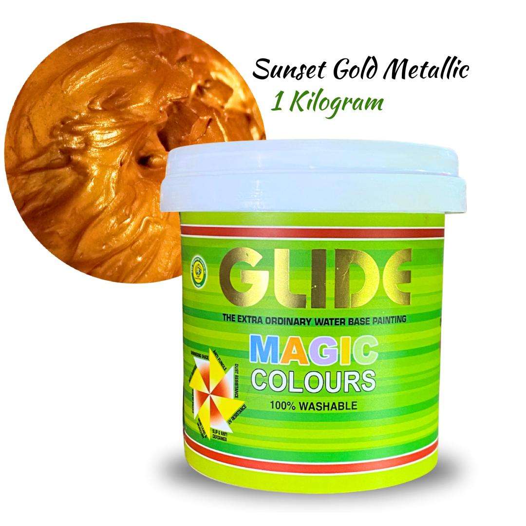 Sunset Gold Metallic 1kg Glide Magic Colours water-based paint, 100% washable, vibrant metallic finish