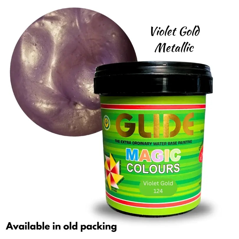 Glide Magic Colours Violet Gold Metallic water-based paint in green tub, swatch shown