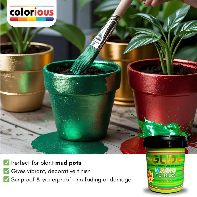 Painting terracotta pots with vibrant green metallic paint for decorative planters