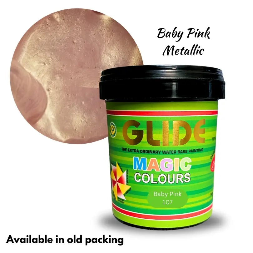 Glide Magic Colours Baby Pink Metallic water-based paint in green tub, shown with swatch and old packaging note