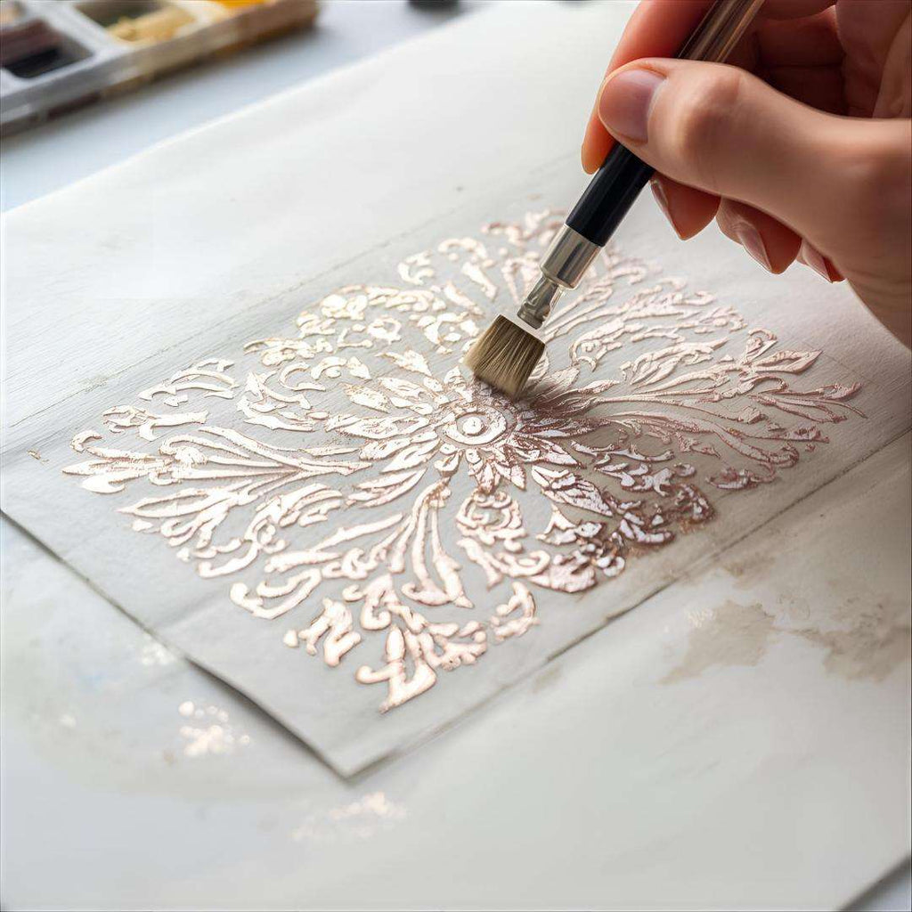 Hand painting intricate floral design with metallic paint on paper using fine brush