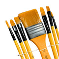 Set of yellow-handled paint brushes with black ferrules, various sizes for art and crafts