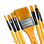 Set of yellow-handled paint brushes with black ferrules, various sizes for art and crafts