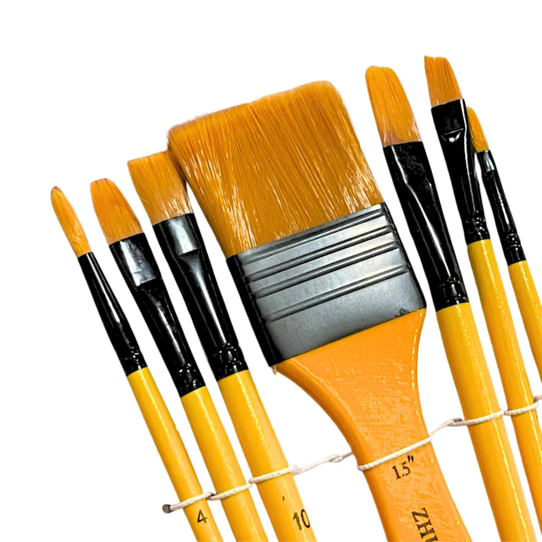 Set of yellow-handled paint brushes with black ferrules, various sizes for art and crafts