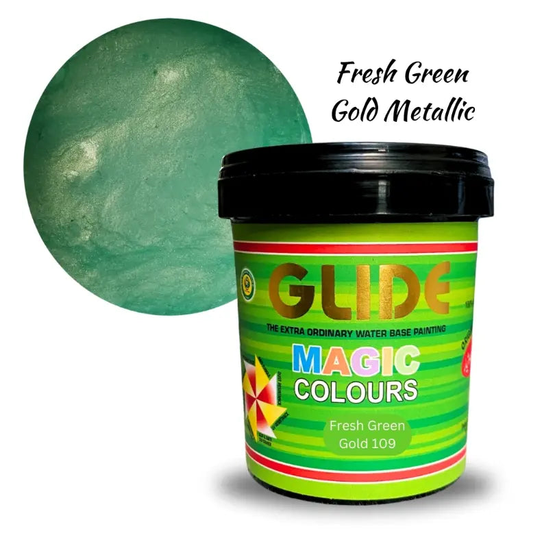Fresh Green Gold Metallic water-based paint in Glide Magic Colours tub, vibrant green hue with gold shimmer