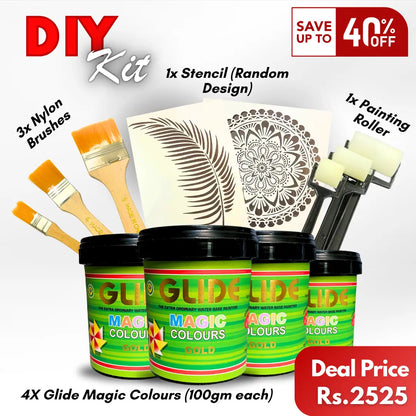 DIY painting kit with Glide Magic Colours, brushes, stencil, and roller for creative wall art projects