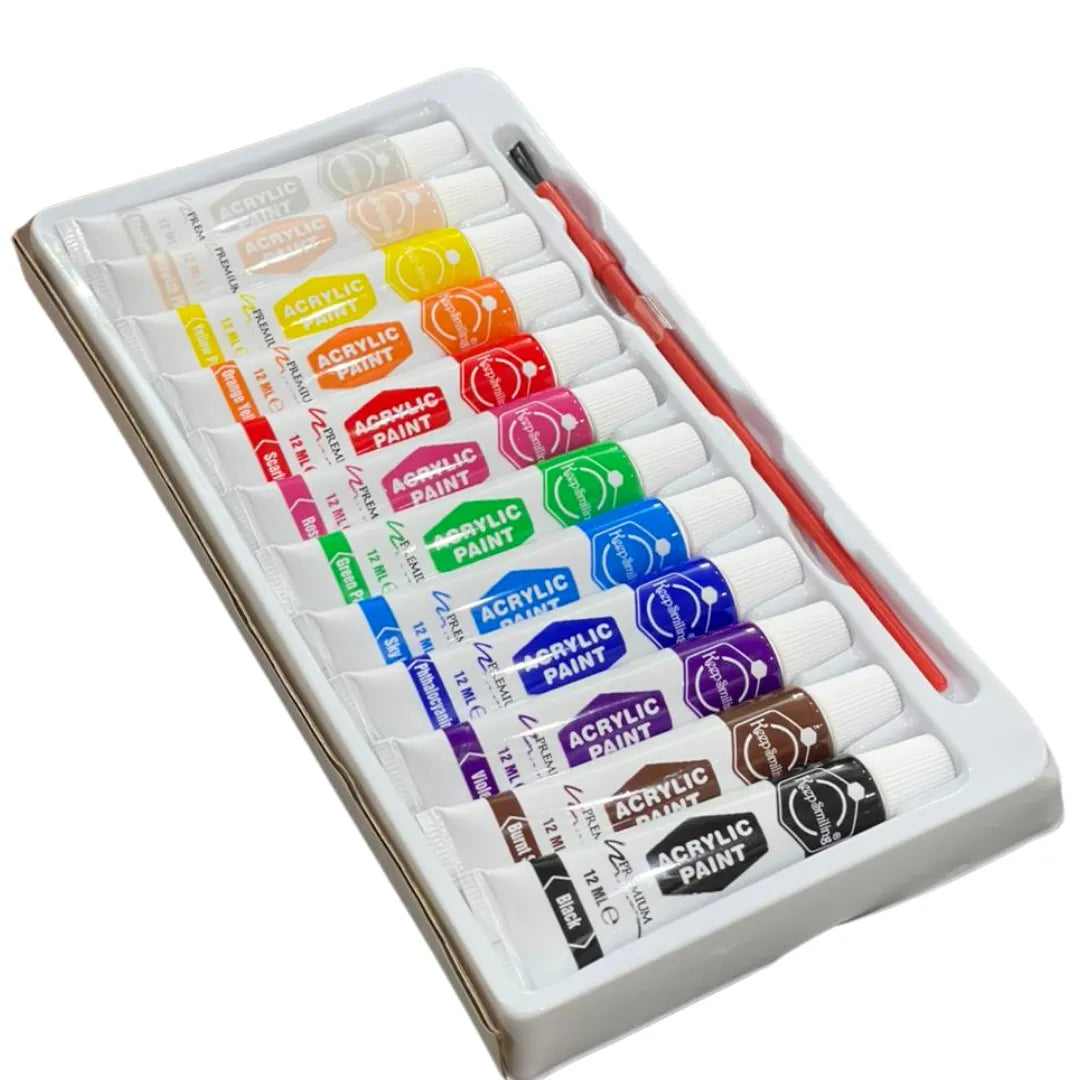 Acrylic paint set with 12 vibrant colors, 12ml tubes, and brush in white tray