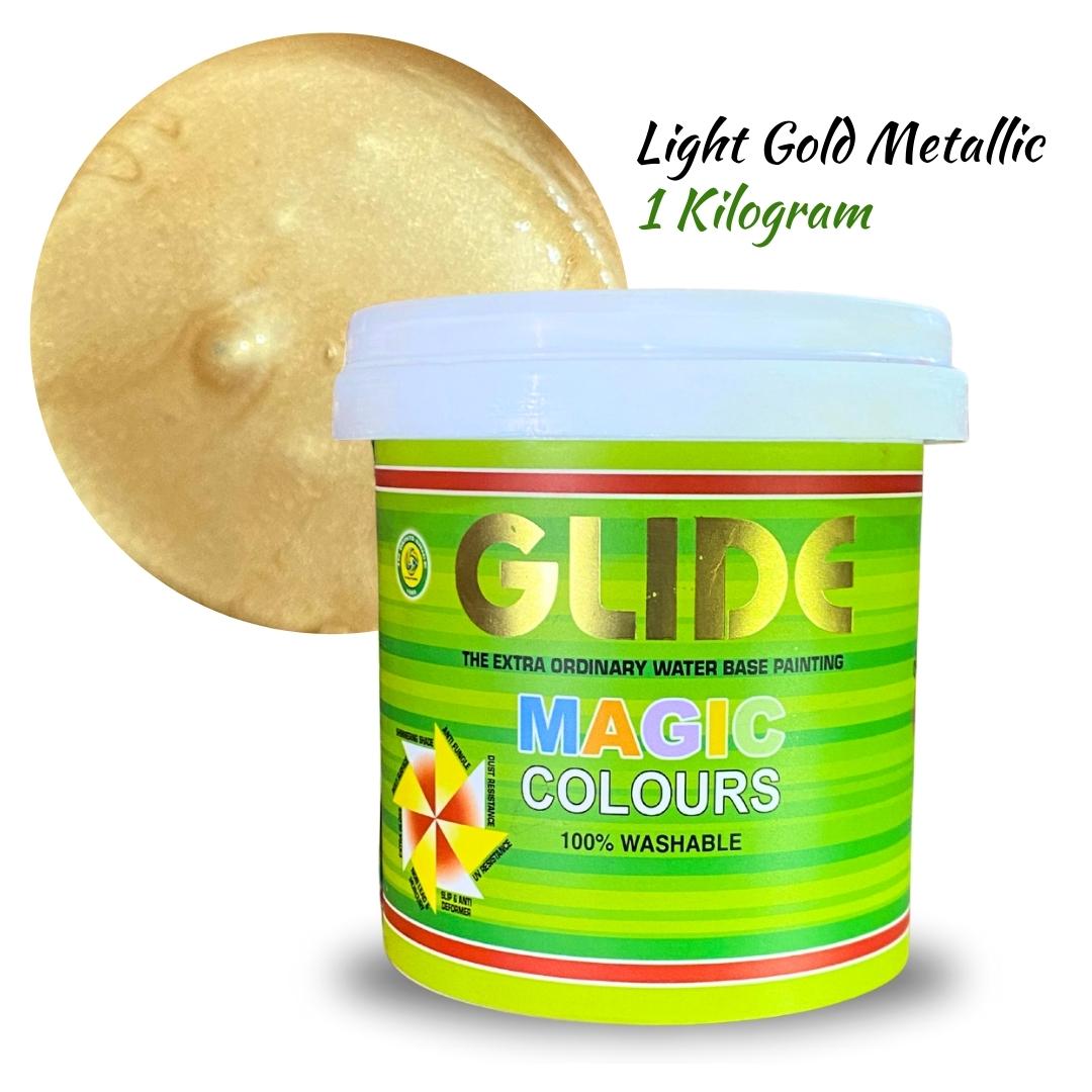 Light Gold Metallic 1kg Glide Magic Colours water-based paint, 100% washable, vibrant finish