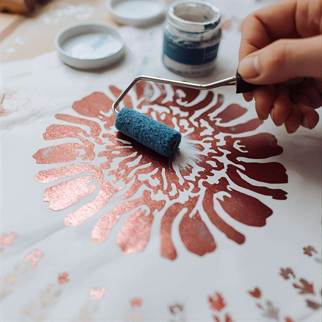 Hand using paint roller to apply rose gold floral stencil design on canvas, DIY home decor craft