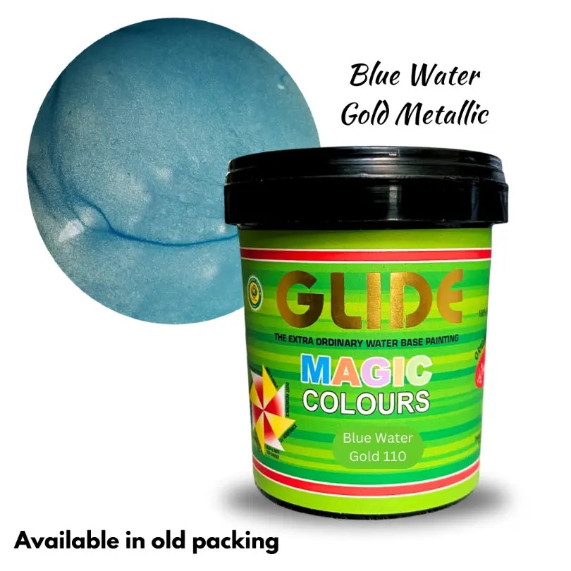Glide Magic Colours Blue Water Gold Metallic water-based paint in green tub, old packaging
