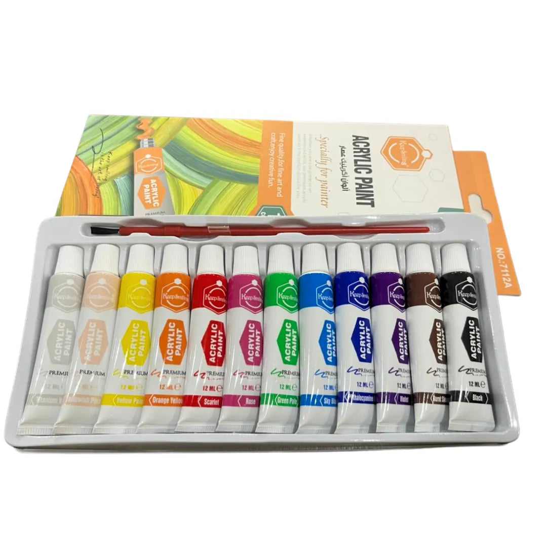 12-color acrylic paint set with brushes, ideal for artists and creative projects