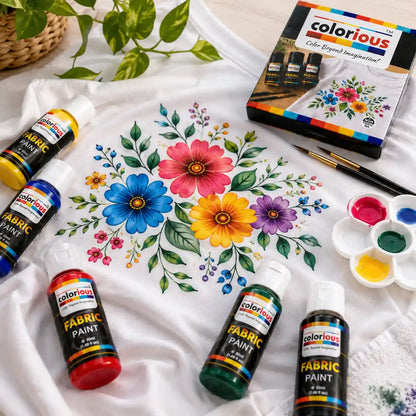 Fabric Painting Starter Kit (6x Fabric Paints, 6x Flat Brushes & 2x Glitter Cones)