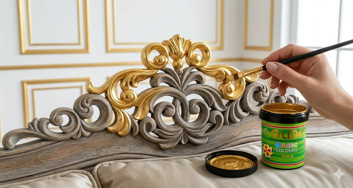 Hand painting ornate headboard with gold metallic paint, Magic Colours Gold can nearby