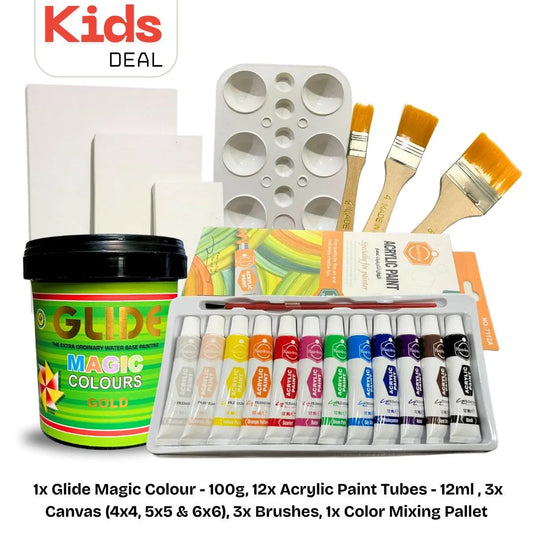 Kids Deal (1x Glide Magic 100g, 12x Acrylic Paint Tubes, 3x Nylon Brushes, 3x Canvas & 1x Color Mixing Pallet)
