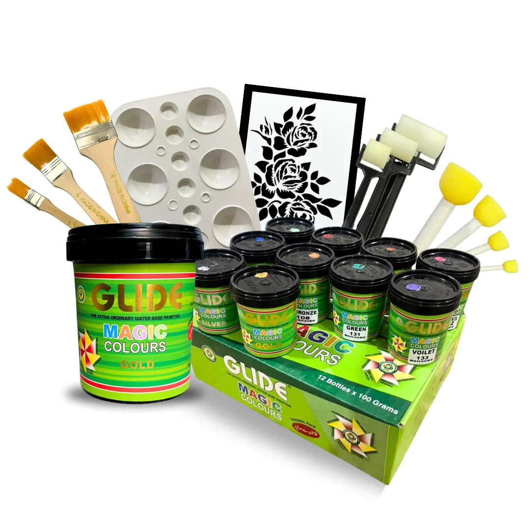 Glide Magic Colours water-based paint set with brushes, palette, rollers, and floral stencil for creative art projects