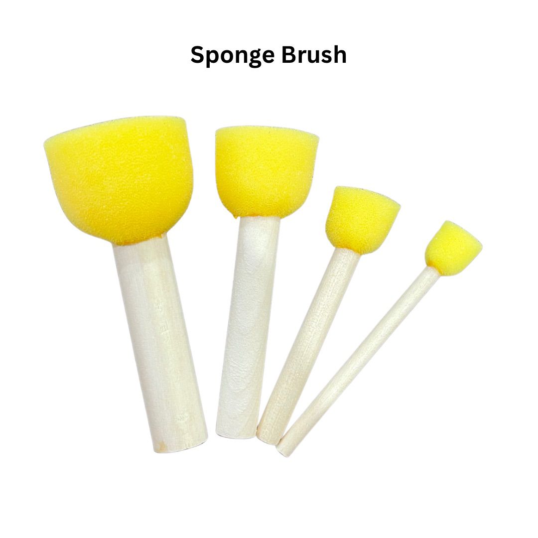 Set of four yellow sponge brushes with wooden handles for painting and crafting