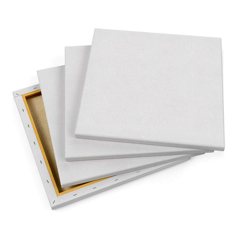 Stack of blank white canvas panels with wooden frames for painting and art projects